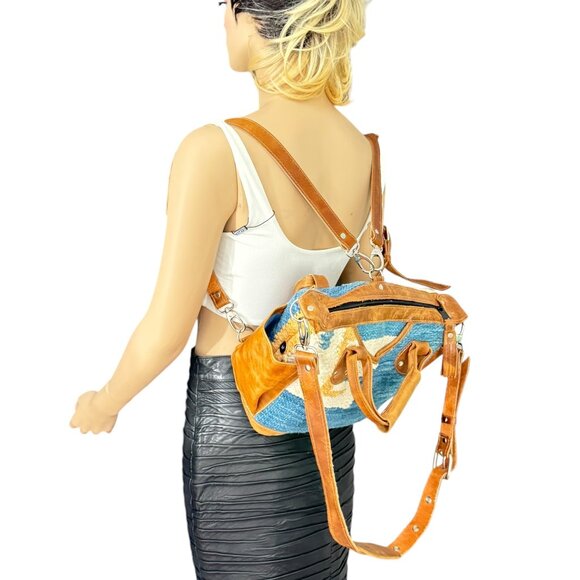 SUNDAY ISLE Multicolor Wool & Brown Leather Women's Satchel Shoulder Backpack - Picture 12 of 12